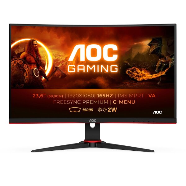 TFT AOC 23,6"/59,9cm Full-HD, AMD FreeSync Premium, 2x HDMI 1.4, 2x DisplayPort 1.2, 1x VGA, Lautsprecher, curved, 1ms, 165Hz